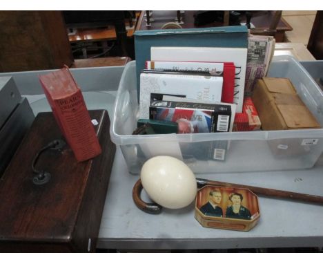 Royalty Memorabilia, ostrich egg, Mincer, Stapler, etc:- One Box plus a silver mounted cane and XIX Century oak box.