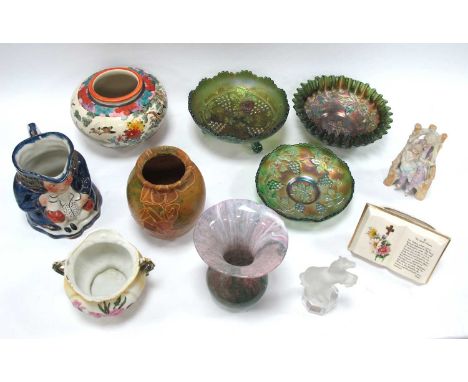 Three Carnival Glass Bowls, Alum Bay vase, 14cm high. Goebel horse paperweight, Japanese hand-painted vase, etc:- One Tray.