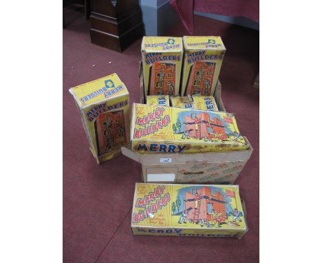 Eight Boxed 1950s Codeg Tinplate "Merry Builders" Toys, varying condition.