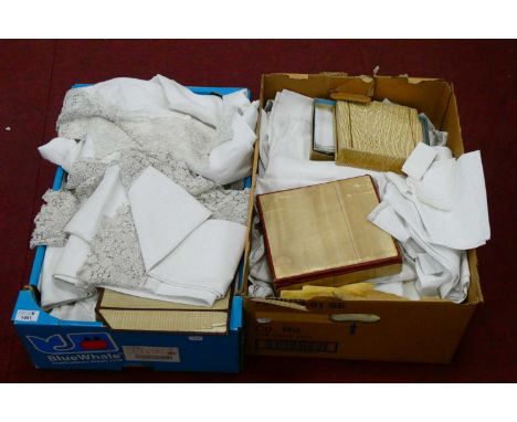 A Large Quantity of Linen Altar Cloths, some with lace and crochetwork borders, other white linen etc:- Two Boxes