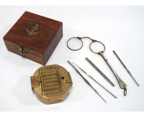 A modern Stanley London brass natural sine compass in wooden box, lorgnette and small collection of sewing/ knitting tools. O