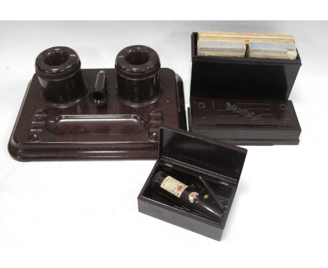 Bakelite - Prettywell Non-Spill Desk Set, shaving set as Whisky bottle, bridge set.