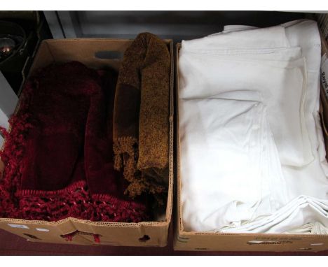Vintage Chenille Tablecloths, with deep wool fringed borders, bed linen, large damask tablecloths, etc:- Two Boxes.