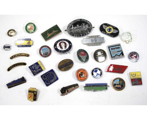 Enamelled Badges, mainly transport themed, magnet rally, Peterborough Rally, Norton, Triumph, Railway service L.N.E.R, Britis