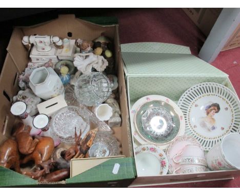 China and Wooden Ornaments, cut glassware, clock, continental pierced china bowl, other pottery:- Two Boxes
