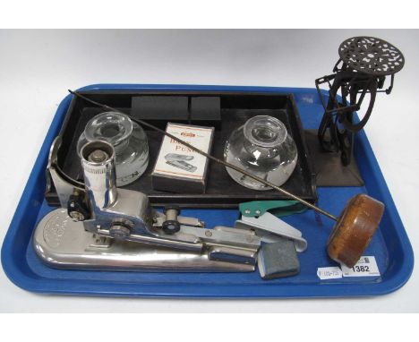 Railwayana - An Early 1900's Twin Inkwell Station Office Desk Stand, each glass inkwell etched G.C.R (Great Central Railway) 