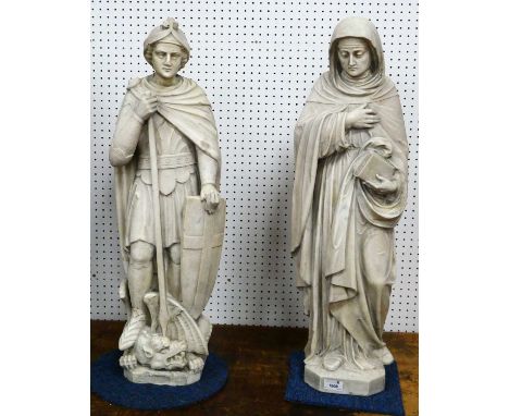 A Pair of XIX Century Marble Figures, 'Virgin Mary', 76cm high and 'St George and the Dragon', 78cm high. (2)St George - head