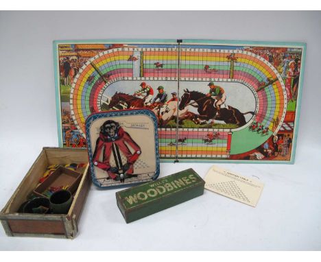 A Mid 1900s Horse Racing Game, metal 'horse and jockey' counters, dice, etc, a metal "Educated Monkey" game, plus a box of Wi