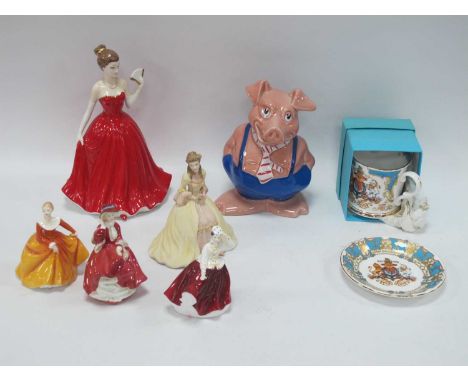 Coalport 'Kate' 11cm tall, three Royal Doulton smaller, Leonardo larger, Wade pig, Royal Collection mug and dish:- One Tray.
