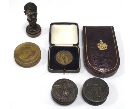 Collectables, reproduction German 1926 Olympic Participation Medal in box, and judges badge, other snuff boxes, hand stamp an
