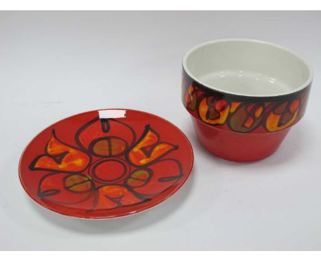 Poole Pottery 1970s, Aegean style plate in traditional red/orange colour, 20.5cm wide, a similar jardinere. (2)Some light cra