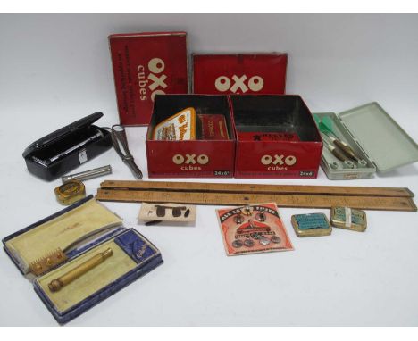 Tins, razors, grape scissors, record needles, cufflinks, darts, etc:- One Tray.