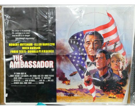 The Ambassador Quadsize Poster by W Berry of Bradford, ink signed (unverified) by Donald Pleasence, Robert Mitchum, Rock Huds