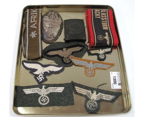 Collectables, reproduction German Armed Forces Insignia, including Demjansk Campaign shield and belt buckle