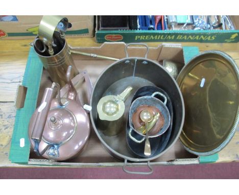 Brass Trench Art Pot, made of a shell with military marks and 1945 to base, other brassware including serving dish, tongs, br