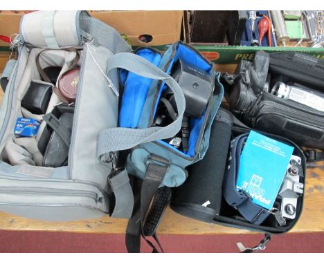 Cameras - Minolta X-300, Dynax 3000 i, Praktica Nova II and Panasonic 500x digital zoom, some accessories noted in four carry