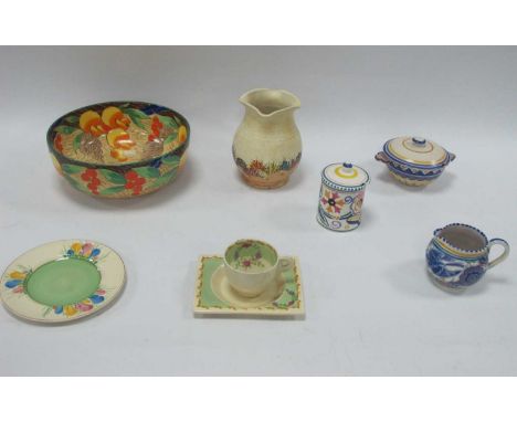 Clarice Cliff 'Spring' Plate, 16cm diameter, Biarritz cup (chipped) and saucer, Radford vase, Poole Pottery, Losol fruit bowl
