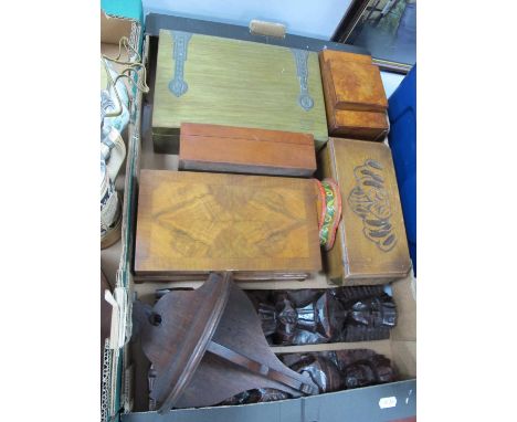 Green Painted Jewellery Box, cigarette dispenser, pair of wall carvings, walnut box, etc:- One Box.