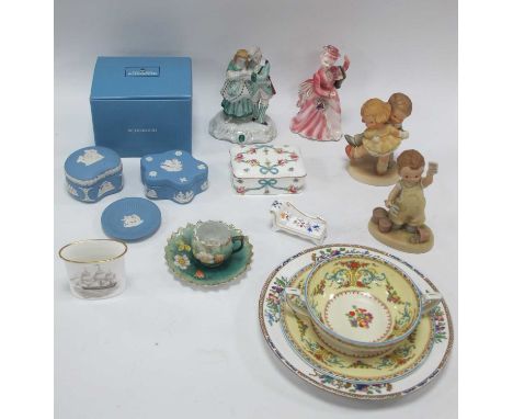 Wedgwood Powder Blue Jasper Ware, Lucie Attwell Figures, XIX Century sweetheart group, Spode plate, etc:- One Tray.