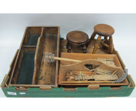 Miniature Elm Boston Stool, two other similar stools, XIX Century pine kitchen cutlery tray, clothes pegs, etc:- One Box.