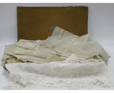 A Quantity of Vintage Tulle Net Veils, mainly embroidered or with applied lace, in a box labelled "Our Lady's Lace".Large rec