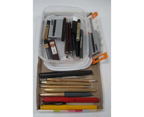 Sheaffer Gold Plated ink Pen with 14k gold nib, Parker in pen, 3 x Cross, 3 x Lamy and other writing implements, refills.
