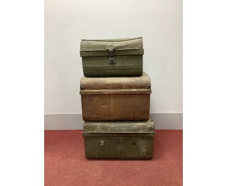 A XIX Century Brown Painted Tin Trunk; together with two further green painted tin trunks. (3)