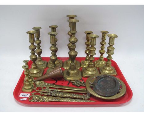 XIX Century Brass Candlesticks, brass shoe horn, brass trivet, etc:- One Tray.