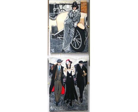 William Bowden Pop Art, Peaky Blinders - Tom, Polly and Arthur, oil on canvas, 69.5 x 49.5cm monogrammed lower left and dated
