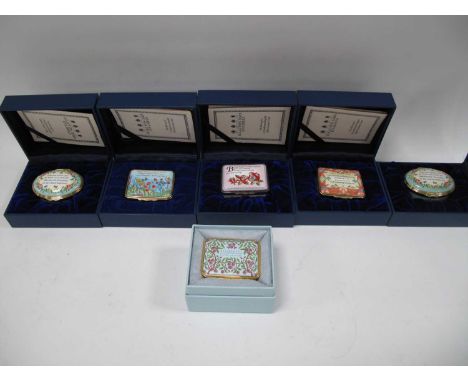 Halcyon Days Enamelled Trinket Boxes, with verse/fable/sayings to lids, four rectangular and two oval, the widest 5.5cm, in o
