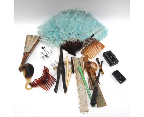 Ladies Hair Comb, tortoise faux ladies hat pins, hair comb, fans, glove stretchers:- One Tray.