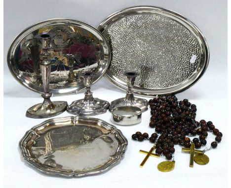 A Pair of Silver Plated Squat Candlesticks, cast with elongated flutes, 11cm high, a silver plated circular tray with inscrip
