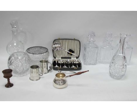 Cut Glass Decanters and Stoppers, rose bowls, etc, Barker Ellis plated brandy warmer, and a cased set of plated dessert spoon