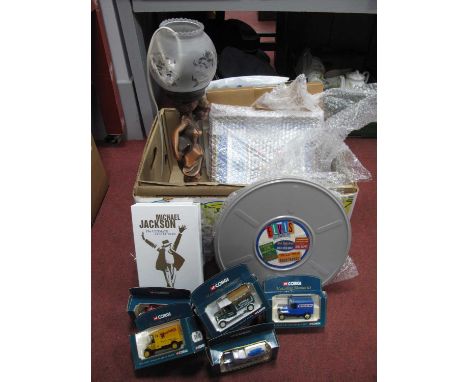 Metal Table Lamp, Corgi die-cast vehicles, Elvis, Michael Jackson, Cliff Richard and other memorabilia:- One Box.