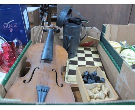 Boxwood Chess Set in Staunton Box, travelling chess, games box, Miranda binoculars, Chinese violin, etc:- One Box.