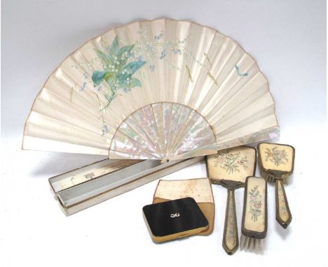 Hand Painted Mother of Pearl Backed Fan in Duvelleroy Case, Maylon powder compact, dressing table ware.