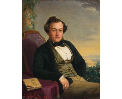 Ferdinand KrumholzPortrait of a gentleman, Weilburg Castle in the background1856oil on canvas on cardboard; unframed23 x 18 c