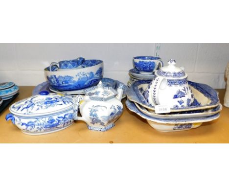 Various blue and white wares, to include Midwinter coffee can, blue and white meat plates, Copeland Spode bowl (AF), etc. (a 