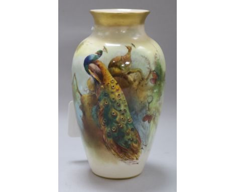 A Royal Worcester baluster vase painted with a peacock, signed by Walter Sedgley and heightened in gilt, shape no. 2227, H 17