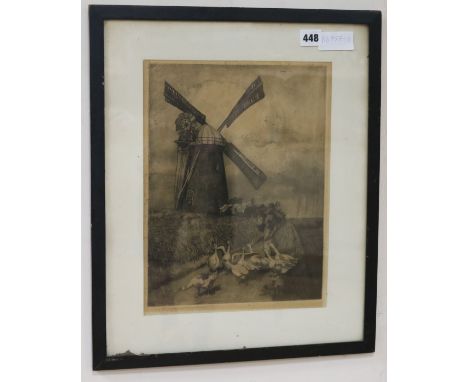 Mary Kemp Welch, etching, geese beside a windmill, signed in pencil, 32 x 25cm