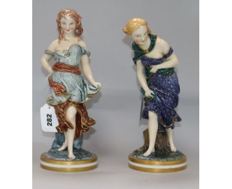 A pair of Royal Worcester figures after James Hadley, 'Before the Wind' and 'After the Wind', each modelled as a maiden with 