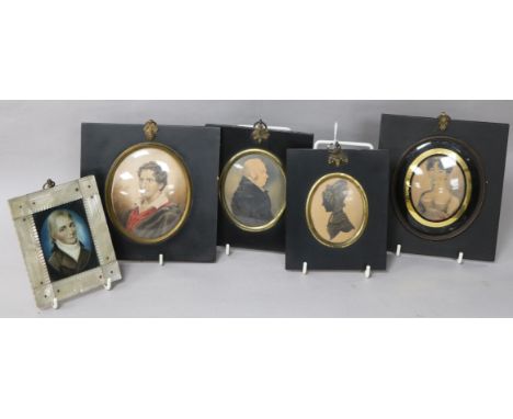 19th century French School, portrait of a young man, mother of pearl frame and four other portrait miniatures, including one 