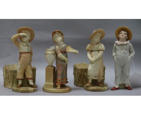 A collection of Royal Worcester 'Kate Greenaway' style figures of children by James Hadley, including a sugar sifter modelled