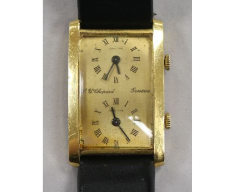 A gentleman's early 1970's 18ct gold L-U. Chopard dual time rectangular manual wind wrist watch.