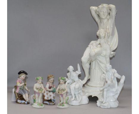 A group of Continental porcelain figures, comprising a blanc-de-chine figural lamp base, a pair of blanc-de-chine figures, a 