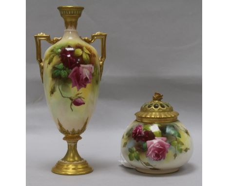 A Royal Worcester 'Etruscan' two-handled vase and a pot pourri, each painted with roses and heightened in gilt, with printed 