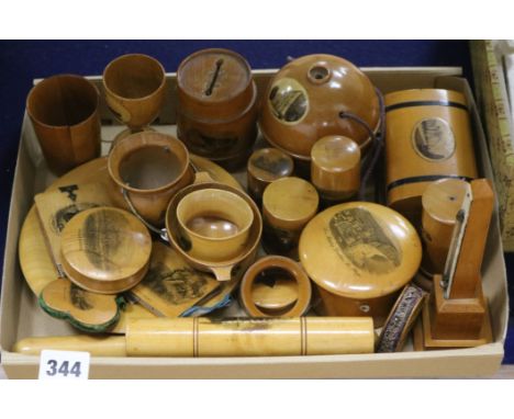 A collection of Victorian Mauchline ware items, including needle thermometer, two plates, sewing related items etc.