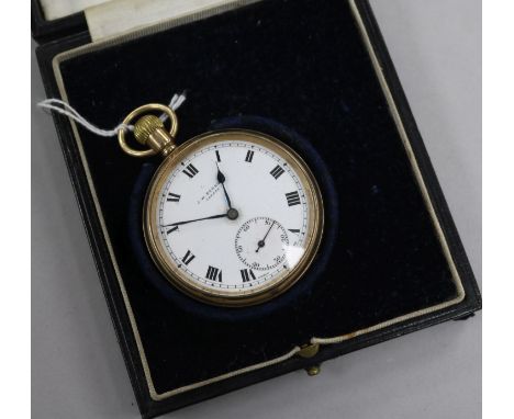 A J. W. Benson 9ct gold cased keyless open face pocket watch, having signed white enamel Roman dial with subsidiary seconds