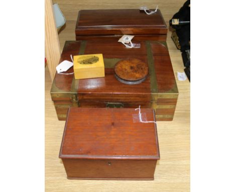 A brass-bound mahogany campaign box and four other boxes, including a tea caddy (modified), a Mauchline ware box and an oak c