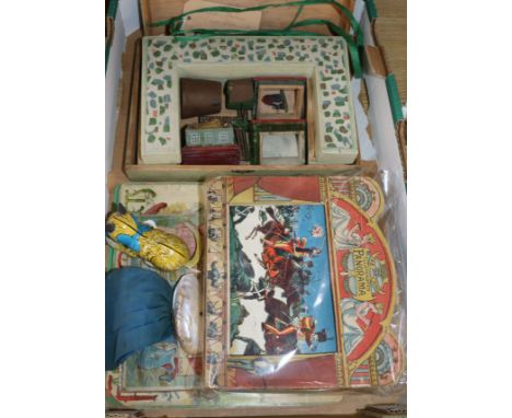 A collection of Victorian and later children's toys, including 'The Crown Illuminated Panorama', a cardboard theatre containi